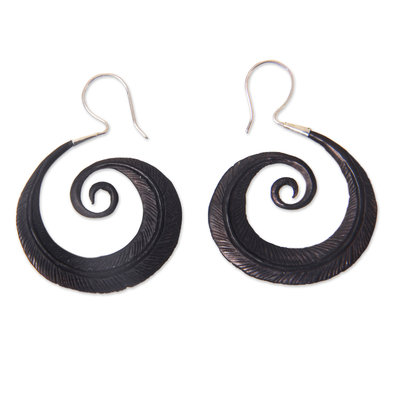 Water buffalo horn dangle earrings, 'Feather Spiral' - Silver Hook Water Buffalo Horn Earrings with Feather Theme