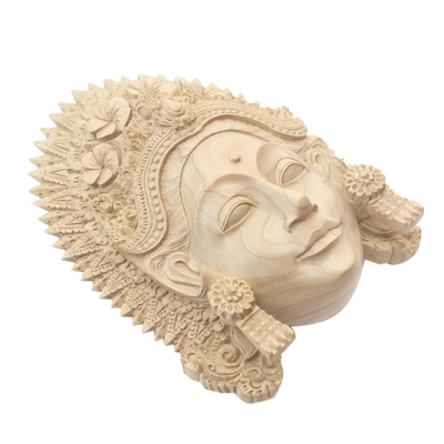 Wood mask, 'Janger Lady' - Hand Carved Natural Wood Balinese Janger Dance Mask
