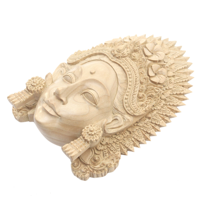 Wood mask, 'Janger Lady' - Hand Carved Natural Wood Balinese Janger Dance Mask