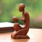 Wood sculpture, 'Mother and Her Child' - Hand Carved Suar Wood Mother and Child Sculpture from Bali