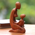 Wood sculpture, 'Mother and Her Child' - Hand Carved Suar Wood Mother and Child Sculpture from Bali