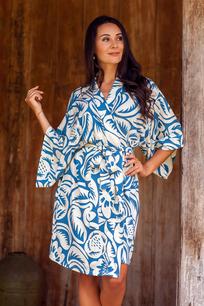 Rayon robe, 'Blue Floral Jungle' - Tropical Print Women's Blue and Ivory Rayon Robe