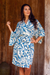 Rayon robe, 'Blue Floral Jungle' - Silk Screen Print Women's Blue and Ivory Rayon Robe (image 2c) thumbail