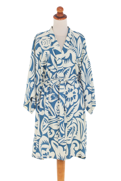 Robe aus Rayon - Blauer und elfenbeinfarbener Rayon-Bademantel für Damen mit tropischem Print