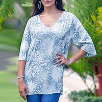 Rayon tunic, 'Grey Dandelion' - Balinese Hand Stamped Rayon Floral Tunic Top
