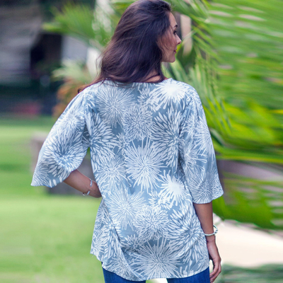 Rayon tunic, 'Grey Dandelion' - Balinese Hand Stamped Rayon Floral Tunic Top