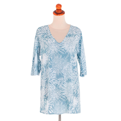 túnica de rayón - Top túnica floral balinés de rayón estampado a mano