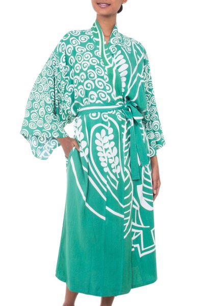 Rayon robe, 'Bali Breeze' - Women's Rayon Front Tie Silk Screened Robe in Green and Whit
