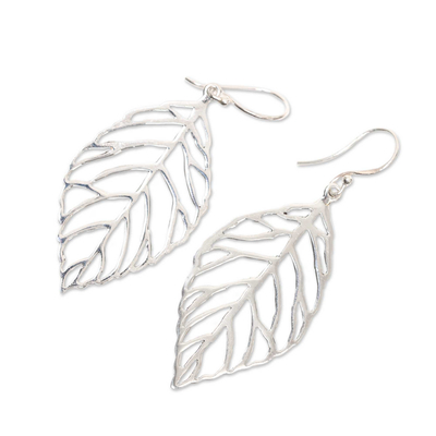 Sterling silver dangle earrings, 'Bali Bay Leaf' - Handcrafted Balinese Leaf Theme Silver Earrings