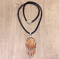 Leather and bone pendant necklace, 'Rose Bouquet' - Balinese Hand Carved Floral Bone and Leather Necklace