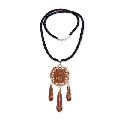 Balinese Hand Carved Bone and Leather Peacock Necklace