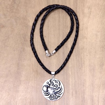Leather and bone pendant necklace, 'Aquarius' - Hand Carved Bone Aquarius Pendant Leather Necklace
