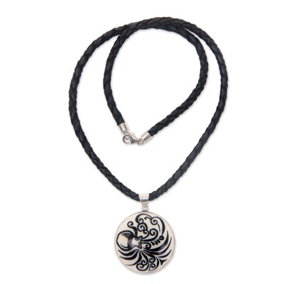 Leather and bone pendant necklace, 'Aquarius' - Hand Carved Bone Aquarius Pendant Leather Necklace