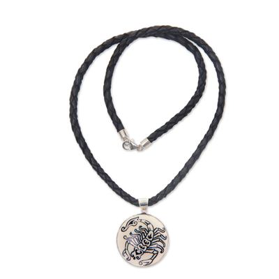 Leather and bone pendant necklace, 'Scorpio' - Scorpio Leather Necklace Hand Carved Bone Pendant