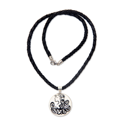 Leather and bone pendant necklace, 'Virgo' - Artisan Crafted Virgo Zodiac Leather Cord Pendant Necklace