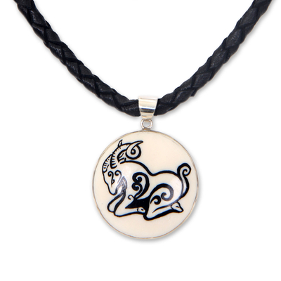 Leather and bone pendant necklace, 'Aries' - Balinese Artisan Crafted Aries Zodiac Pendant Necklace