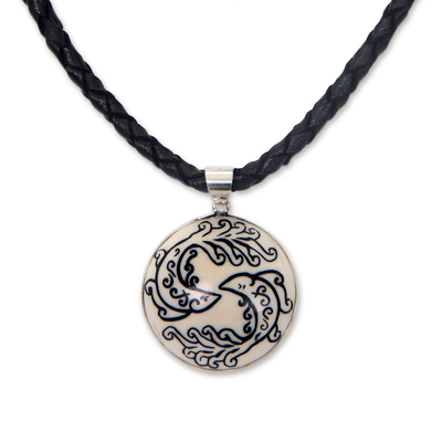 Leather and bone pendant necklace, 'Pisces' - Balinese Hand Crafted Pisces Zodiac Leather Pendant Necklace