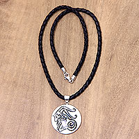 Leather and bone pendant necklace, 'Capricorn' - Capricorn Bone Pendant on Black Leather Cord Necklace