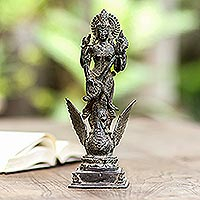 Bronze sculpture, 'Saraswati' - Antiqued Bronze Sculpture of Hindu Goddess of Knowledge