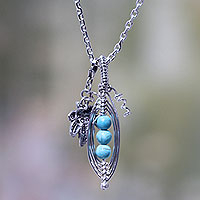 Sterling silver pendant necklace, 'Jaguar Peas' - Hand Crafted Silver Necklace with Reconstituted Turquoise