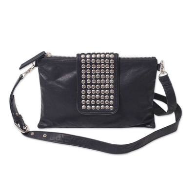 Studded Black Leather Shoulder Bag with Removable Strap - Empire | NOVICA