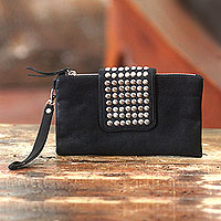 Leather wristlet bag, 'Empire' - Leather Wristlet Bag Black Clutch with Stainless Steel Studs