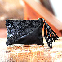Leather wristlet bag, 'Midnight Chic' - Diagonal Applique Handcrafted Black Leather Wristlet