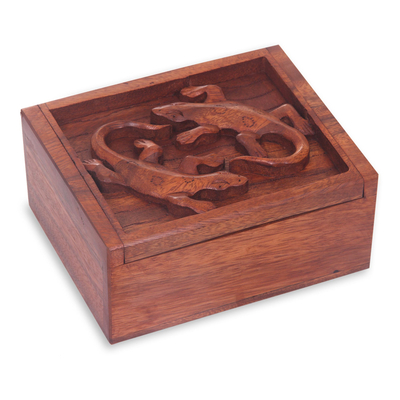 Caja de madera - Caja de madera tallada a mano con escultura en relieve Gecko en la tapa