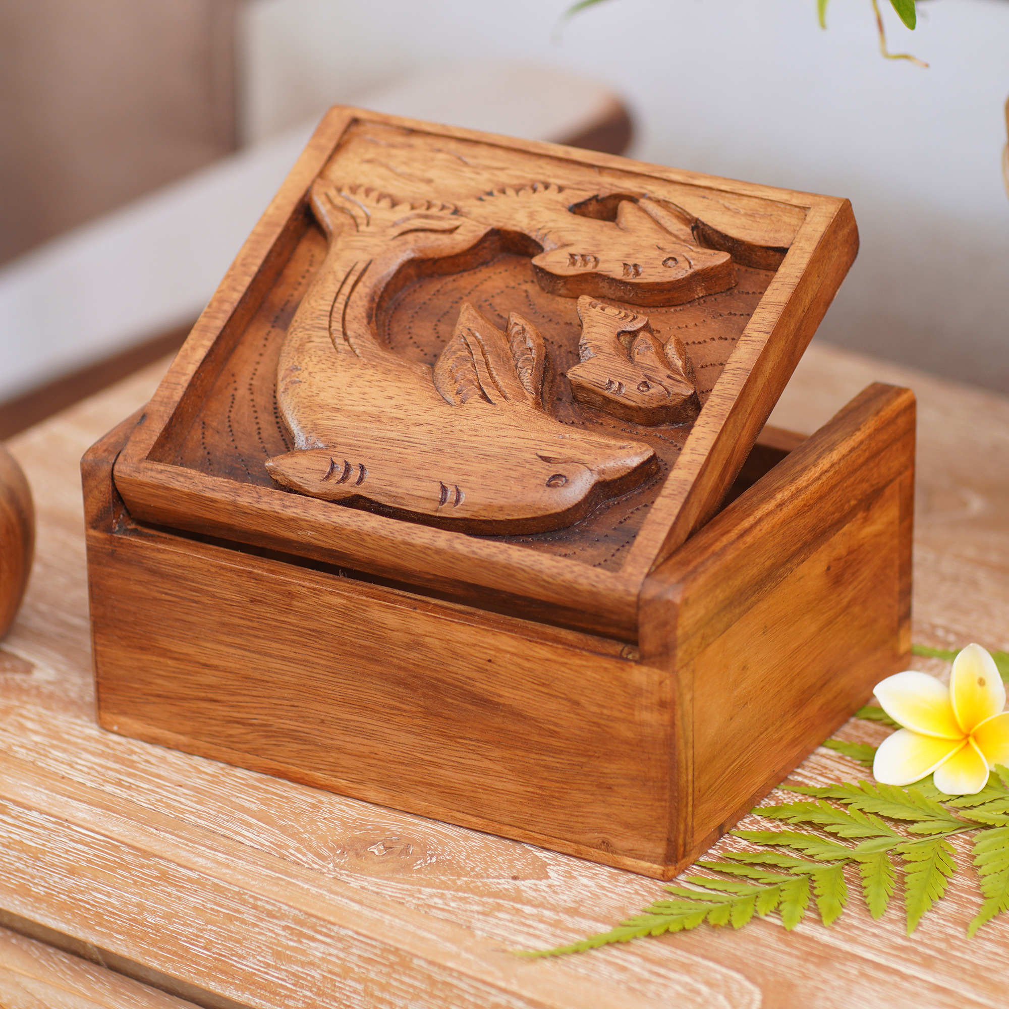 Balinese Dolphin Theme Hand Crafted Wood Box, 'Lovina Beach Dolphins'