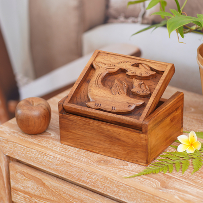 Wood box, 'Lovina Beach Dolphins' - Balinese Dolphin Theme Hand Crafted Wood Box