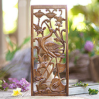 Wood relief panel, 'Lotus Crane' - Hand Made Suar Wood Crane Relief Panel from Bali