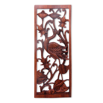 Wood relief panel, 'Lotus Crane' - Hand Made Suar Wood Crane Relief Panel from Bali