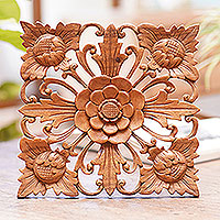 Wood wall panel, 'Magnificence' - Hand Carved Floral Theme Wood Relief Panel from Bali