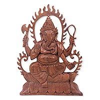 Wood relief panel, 'Ganesha's Blessing' - Balinese Artisan Carved Hindu Relief Panel of Ganesha