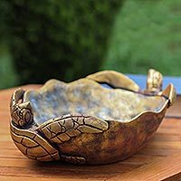 Wood centerpiece, 'Sea Turtle Twins' - Antique Style Gilded Hand Carved Decorative Wood Centerpiece