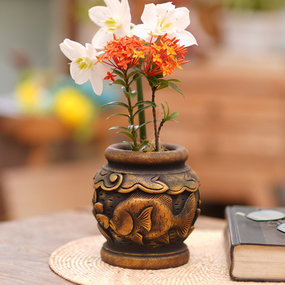 Mahogany decorative vase, 'Balinese Goldfish' - Five Inch Hand Carved Gilded Mahogany Decorative Vase