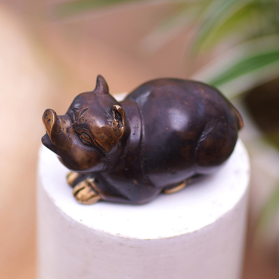 Bronze figurine, 'Chubby Pig' - Antiqued Bronze Pig Figurine Sculpture from Indonesia