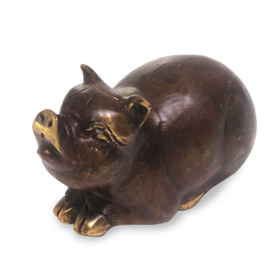 Bronze figurine, 'Chubby Pig' - Antiqued Bronze Pig Figurine Sculpture from Indonesia
