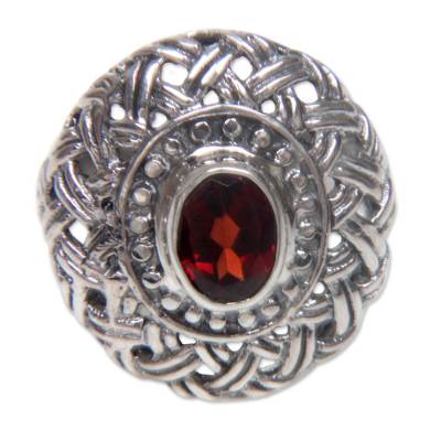 Garnet cocktail ring, 'Carnation' - Garnet Flower Sterling Silver Cocktail Ring from Bali
