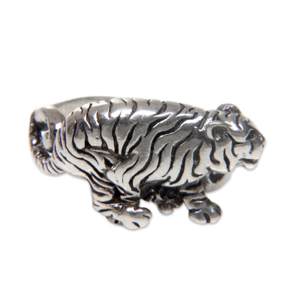 Men's sterling silver ring, 'White Tiger' - Tiger Theme Handcrafted Sterling Silver Men's Ring