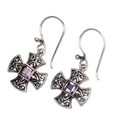 Amethyst dangle earrings, 'Cross Pattee' - Balinese Handcrafted Silver and Amethyst Cross Earrings