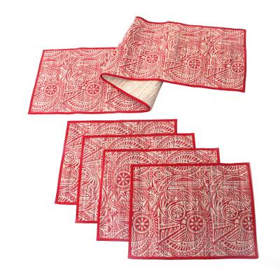 Cotton and natural fiber table runner and placemats, 'Java Red' (set for 4) - Handmade Red Floral Table Runner and Placemats (Set for 4)