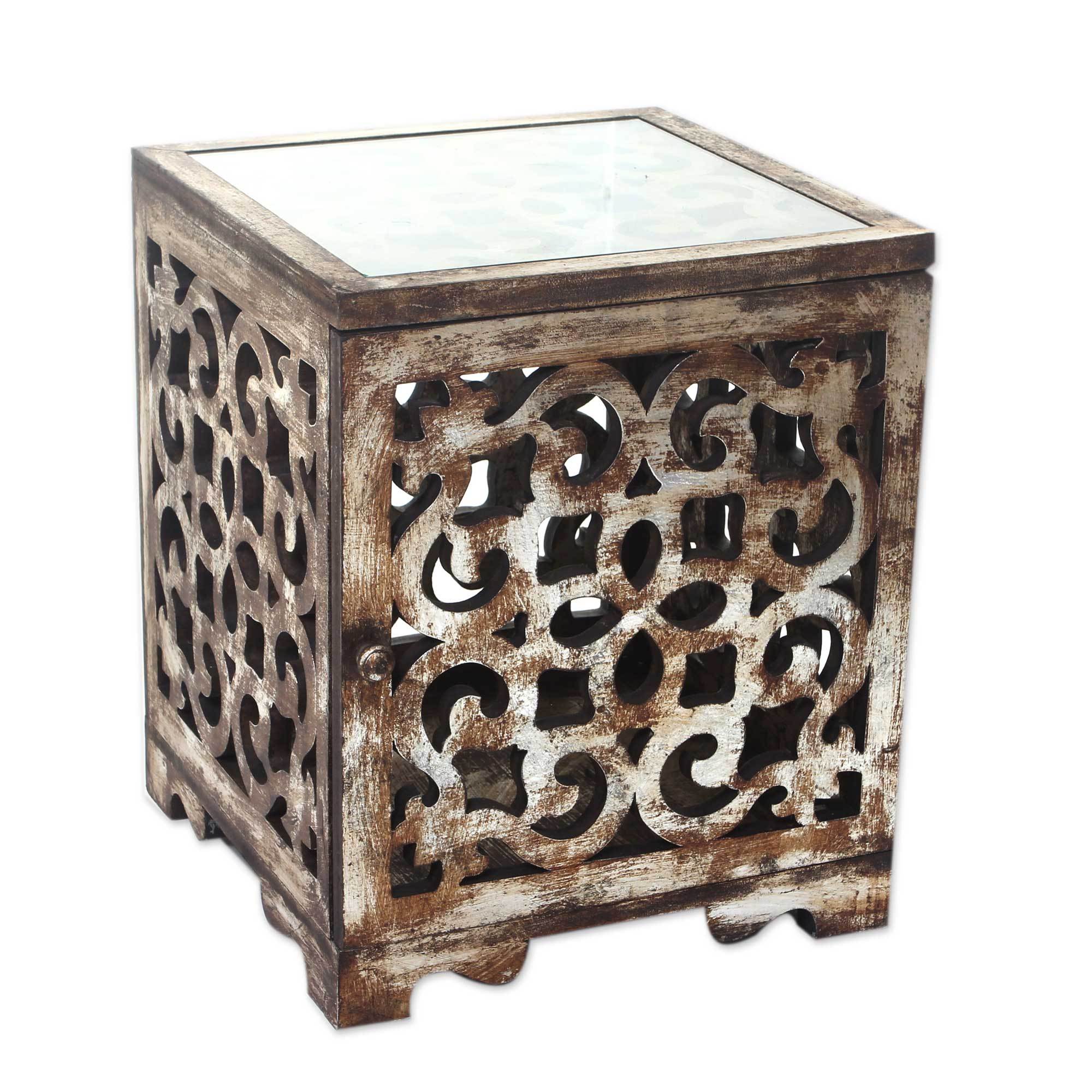 Bali Rustic Silver Gilded Carved Durian Wood End Table Silver Forest