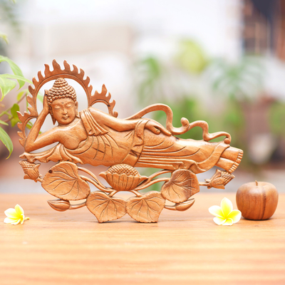 Wood relief panel, 'Buddha Relaxes' - Signed Balinese Buddha Suar Wood Relief Panel Sculpture
