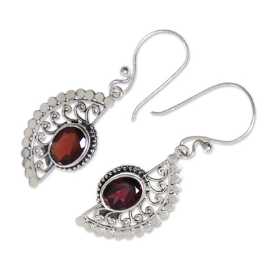 Garnet dangle earrings, 'Crimson Gaze' - Handmade Sterling Silver Hook Earrings with Garnets
