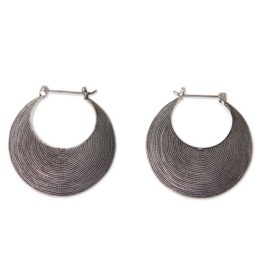 Sterling silver hoop earrings, 'Hypnotic Bali Moon' - Handmade Textured Sterling Hoop Earrings from Bali