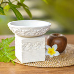 Limestone tealight candleholder, 'Frangipani Romance' (2 pieces) - Two Piece Hand Carved Floral Stone Candleholder