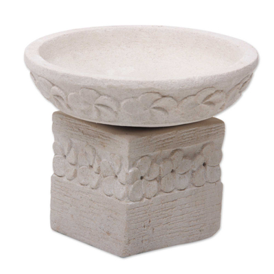 Limestone tealight candleholder, 'Frangipani Romance' (2 pieces) - Two Piece Hand Carved Floral Stone Candleholder