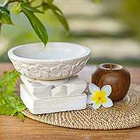 Limestone tealight candleholder, 'Frangipani Light' (2 pieces) - Hand Carved Floral Limestone Candleholder and Stand