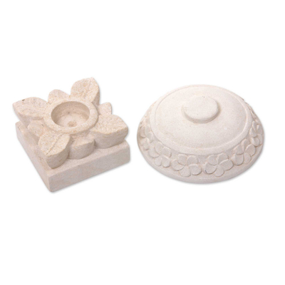 Limestone tealight candleholder, 'Frangipani Light' (2 pieces) - Hand Carved Floral Limestone Candleholder and Stand